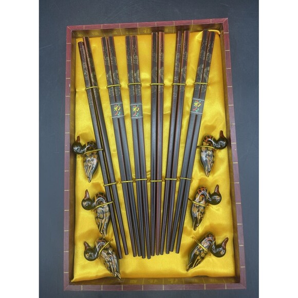 VTG Wooden Chopsticks & DUCK Chopstick Rest Holders in Box Set Of 6 NEW - Picture 3 of 5